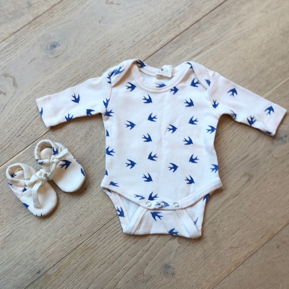 Kate Quinn Blue and Cream Bodysuit with Bird Pattern mat hing booties Sparrow